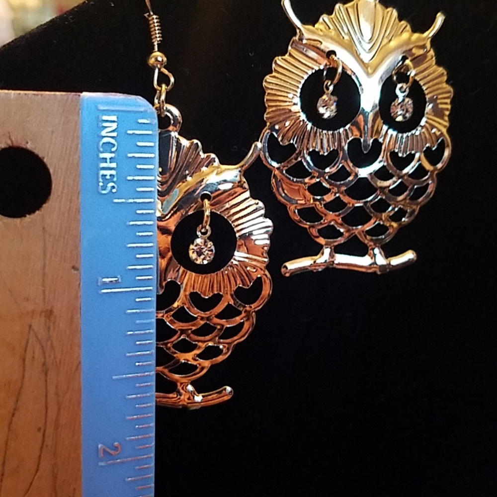 LAST ONE Gold owl crystal drop dangle earrings - Picture 4 of 5